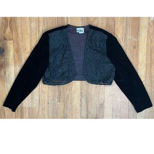 Vintage Bolero Cropped Jacket Black Velvet w/ Sheer Ribbon Front Size Medium